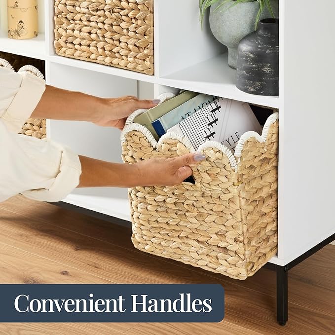 Best Choice Products 12 x 12in Scalloped Hyacinth Baskets, Rustic Set Of 5 Multipurpose Collapsible Storage Organizer, Handwoven Laundry Totes for Bedroom, Living Room, Shelves - Natural w/White Trim