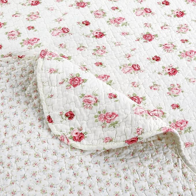 Cozy Line Home Fashions Pink Rose Garden Floral 100% Cotton Reversible Coverlet Bedspread Quilt Bedding Set (Ivory Rose, King - 3 Piece)