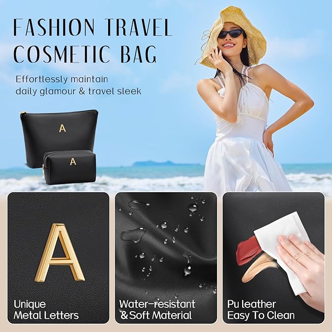 Valentine's Day Gifts for Women Girlfriend Initial Makeup Bag for Teen Girls Personalized Gifts for Friend Teacher Mom Wife Cosmetic Travel Toiletry Bag(Black,A)