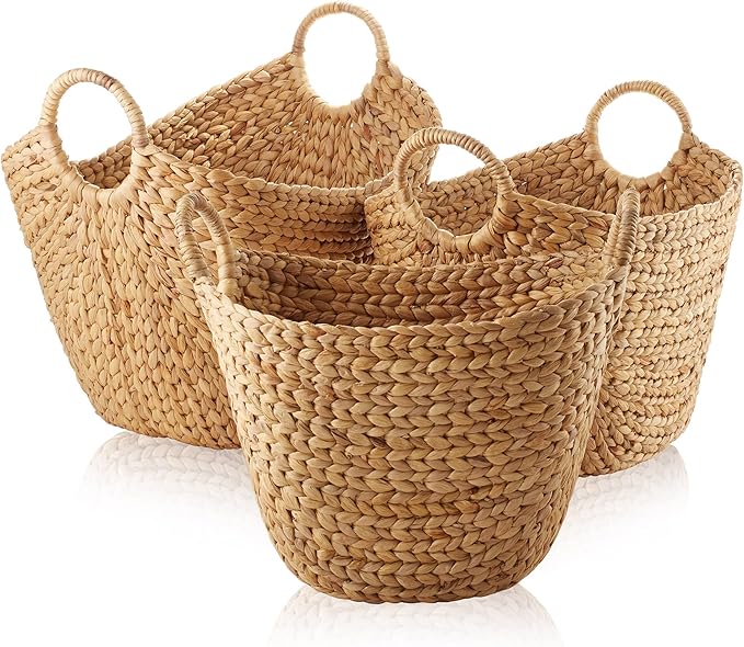 Casafield Set of 3 Multipurpose Boat Baskets with Handles - Natural, Woven Water Hyacinth Storage Organizers for Throw Blankets, Bedroom, Living Room, Laundry