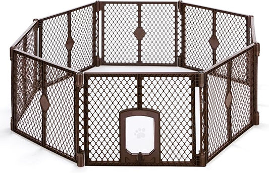MyPet 8-Panel Petyard Passage: 6.5 ft. Wide 26 in. Tall Brown Freestanding Customizable Folding Pet Enclosure with Lockable Pet Door; Indoor/Outdoor Puppy Playpen Made in USA