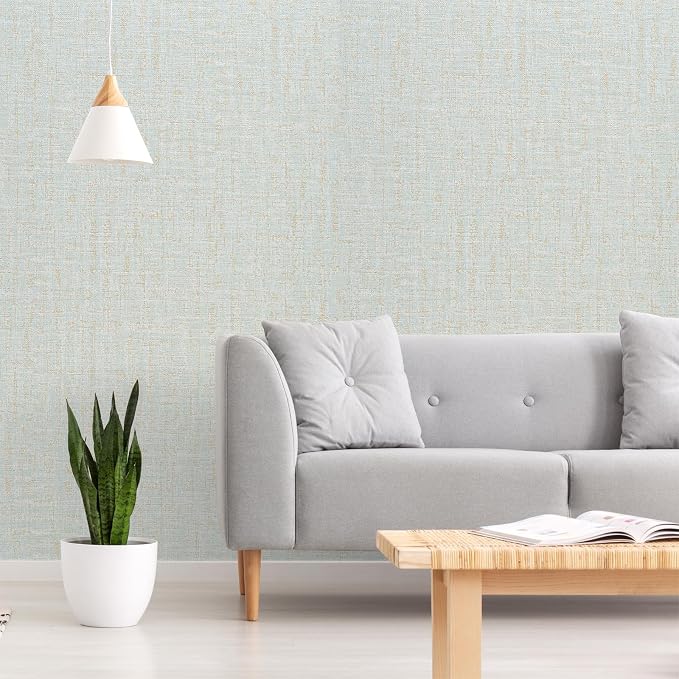 VEELIKE Pale Green Gold Grasscloth Wallpaper Textured Faux Grasscloth Peel and