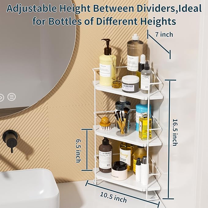3-Tier Bathroom Countertop Organizer, Bathroom Organizers and Storage for Bathroom, Kitchen Counter, Corner Storage Shelf for Bedroom Storage Makeup Skincare Perfume (White)