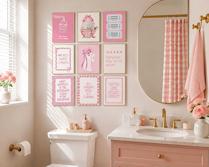 tgguytiy 9Pcs Pink Bow Bathroom Wall Art Prints, Coquette Bowknot Aesthetic