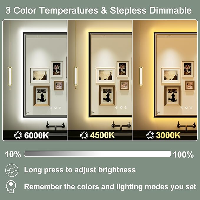 20x28 Inch LED Bathroom Mirror with Front and Back Lighting, 3 Color Temp, Dimmable, Anti-Fog, Black Aluminum Frame Wall Mounted Lighted Bathroom Vanity Mirror
