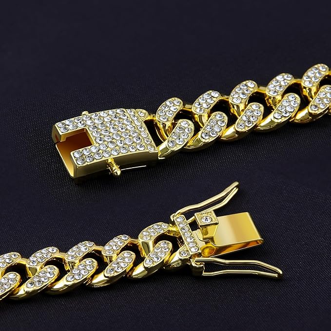 Dog Chain Designer Gold Crystal Pet Collar Cuban Link Chain with Secure Buckle Luxury Adjustable Necklacefor Small Medium Large Dogs Cats(Glod 22inch)