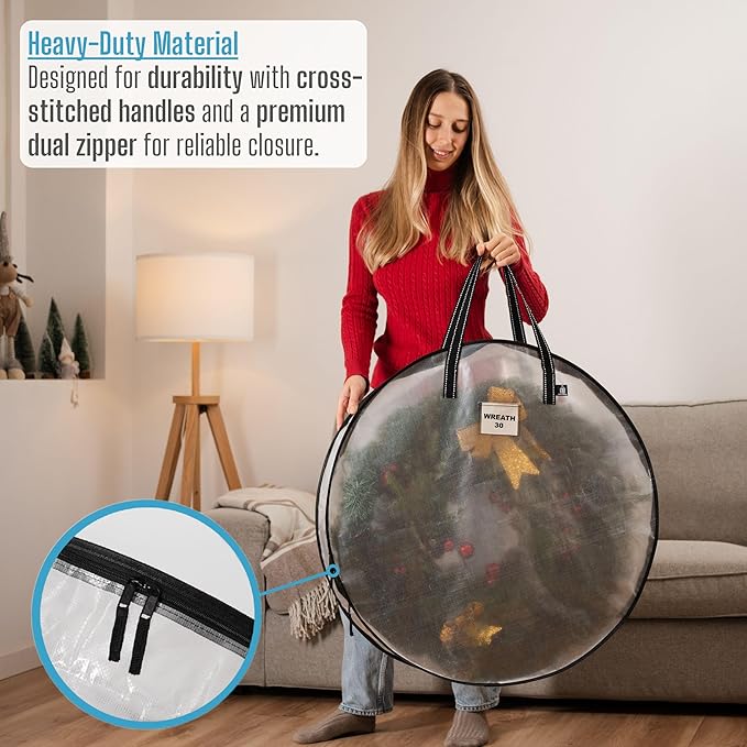 VENO 4 Pack Christmas Wreath Storage Container - 30 Inch Clear Wreath Bag, Christmas Garland and Holiday Decoration Organizers with Zipper and Durable Handles (Clear, 30"-4 Pack)