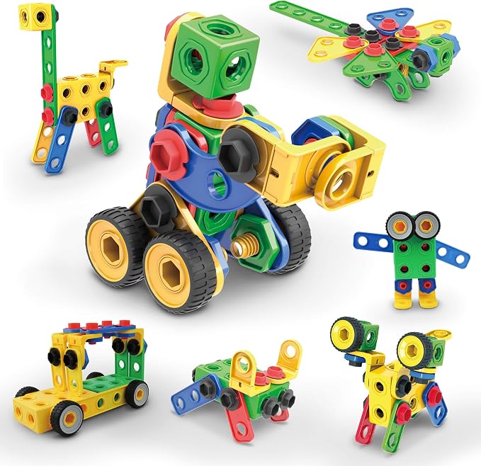 PicassoTiles STEM Learning Toys 105 Piece Building Block Set Kids Construction Engineering Kit Toy Blocks Children Early Education Playset w/IdeaBook, Power Drill, Clickable Ratchet, Age 3+ PTN105