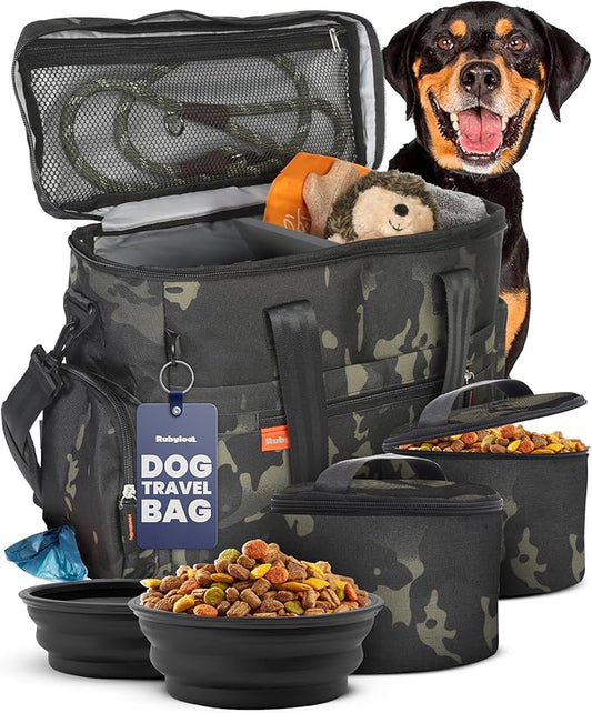 The Original Doggy Bag™ - Complete Dog Travel Bag for Supplies with 2 BPA-Free Travel Dog Bowls & 2 Pet Food Containers - Traveling Kit for Road Trips, Camping, Weekend Away or Doggy Gift: Camo