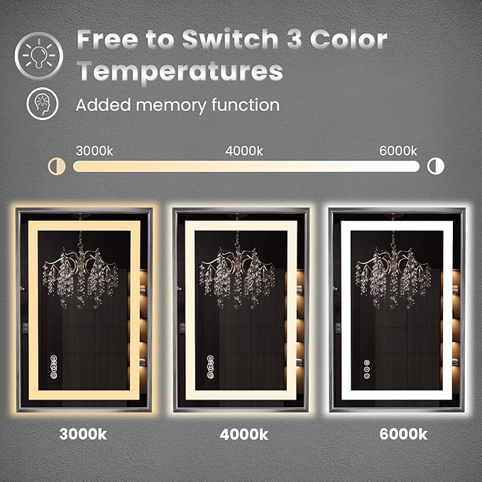 Amorho 48" X30" LED Bathroom Mirror, Brushed Nickel Framed Mirror with Front Light and Backlit, Stepless Dimmable, Anti-Fog, Shatter-Proof, Memory, 3 Colors