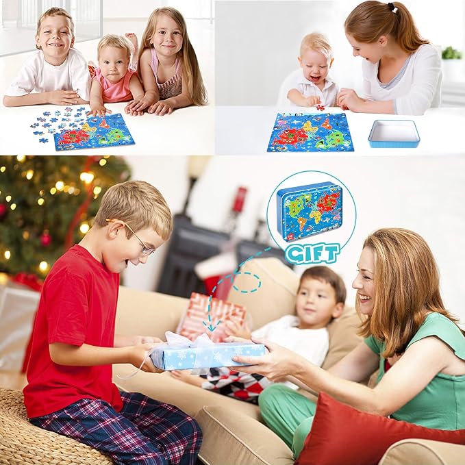 LELEMON World Map Puzzles for Kids Ages 4-8,100 Pieces World Sea Map Jigsaw Puzzles in a Metal Box,Fun World Map Learning Educational Toys for Boys Girls