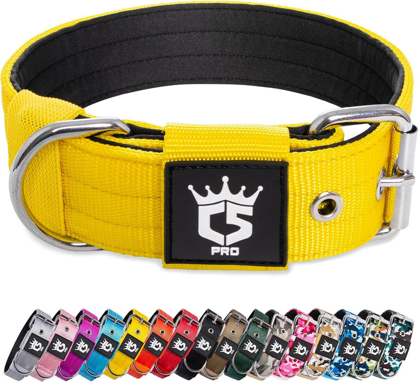 TSPRO Tactical Dog Collar 1.5 Inch Wide Thick Dog Collars with Heavy Duty Metal Buckle, Durable, Strong, Adjustable for Medium to Large Dogs (Yellow M)