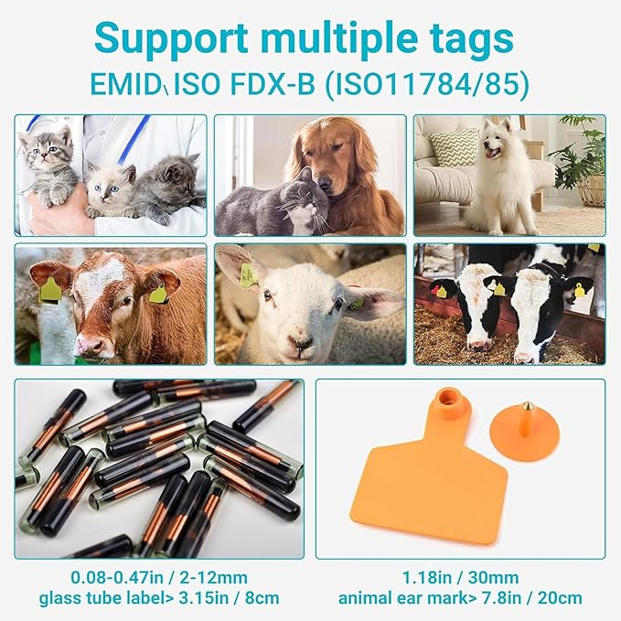 Handheld Pet Microchip Scanner with Bluetooth and USB C Connectivity - 134.2KHz and 125KHz Animal Chip Reader Supporting EMID and FDX B ISO 11784 85-128 Data Storage OLED Display