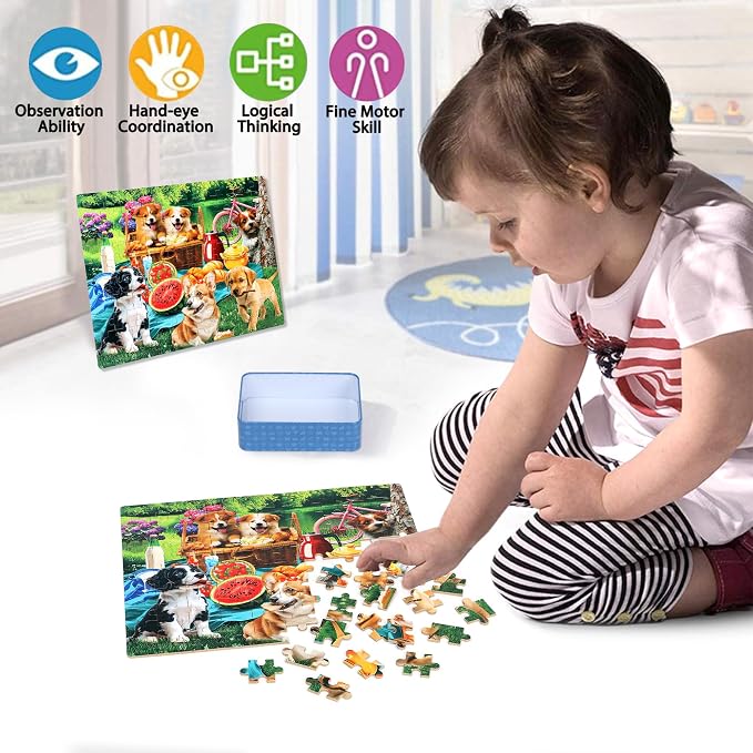 LELEMON Puzzles for Kids Ages 4-6,Dogs 100 Piece Puzzles for Kids Ages 4-8 in a Metal Box,Educational Jigsaw Puzzles 100 Piece Puzzle Games Puzzle Toys for Girls and Boys