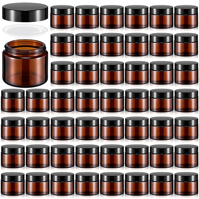 Domensi 48 Pcs 2 oz Glass Jars with Lids Travel Size Round Leakproof Empty Cosmetic Jars with Inner Liners Lid for Storing Makeup Lotions Face Cream Ointments Candle DIY Making (Amber)