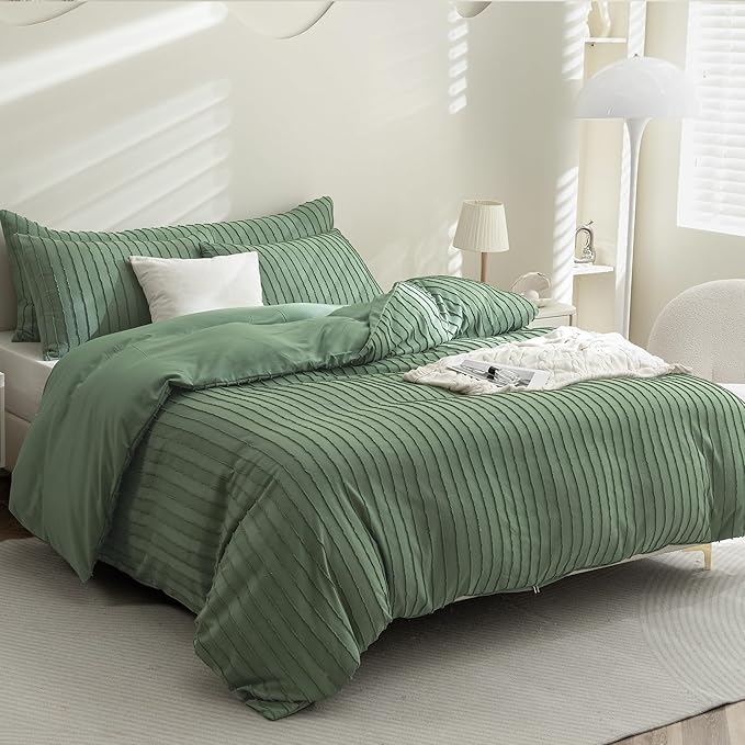 JELLYMONI Duvet Cover California King Size Green - 3PCS Boho Striped Duvet Cover Set Polyester Tufted Bohemian Textured Comforter Cover 104×98in with Corner Ties & Zipper and 2 Pillowcases