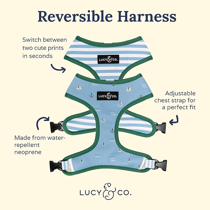 Lucy & Co. Set Sail Reversible Harness, Walking Halter - Best Designer Pet Harnesses for Small Dogs - Padded Adjustable Vest for Easy Walking, X-Small, Blue & White Stripes & Sailboats