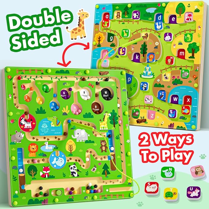 rifamee 2 in 1 Magnetic Color and Number Maze Magnet Alphabet Counting Double Sided Board Wood Puzzle Fine Motor Skills Montessori Preschool Toys Gifts for Boys and Girls 3-5 Age (Big Zoo, One Size)