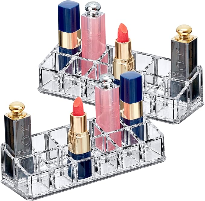 Amazing Abby - Glamour - 2-Pack 12-Slot Acrylic Lipstick Organizer, Lipstick Holder, Lip Gloss Holder, Cosmetic Storage Display, Perfect Storage Solution for Drawer and Vanity (Slot Size: 0.9" x 0.9")