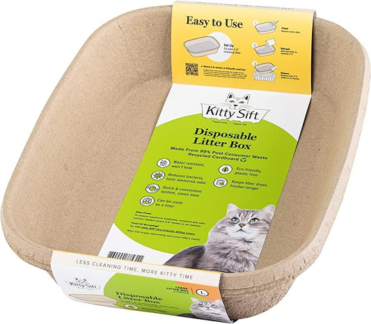 Kitty Sift Disposable Cat Litter Box Large,Durable Portable for Travel and Home,Eco-Friendly Disposable Litter Box Controls Odor,6 Count (Pack of 10)
