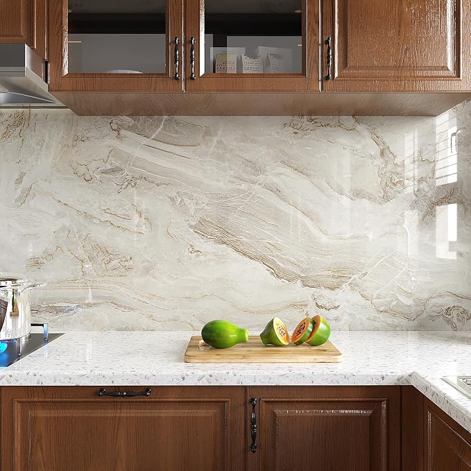 VEELIKE Glossy Beige Gold Marble Contact Paper