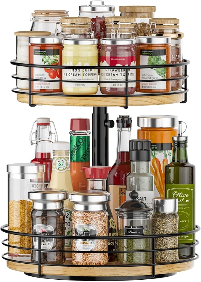 Lazy Susan Spice Rack Organizer Turntable Height Adjustable, 12 Inch Wood Lazy Susan 2 Tier, Rotating Spice Rack Organizer for Cabinet Dining Table Top Kitchen Bathroom Countertop Black