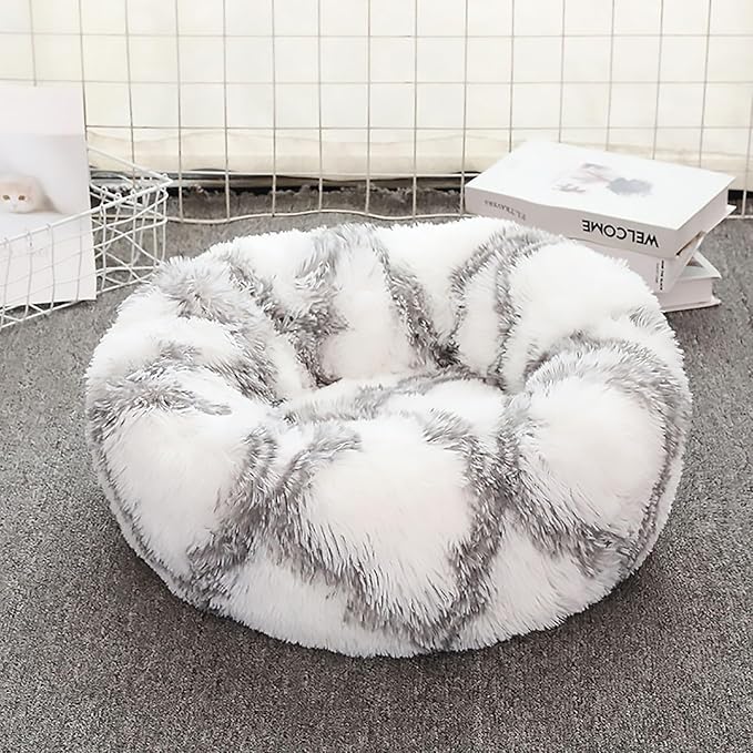 Calming Dog Bed for Small Dogs, Calming Donut Cuddler Pet Bed Anti Anxiety Round Dog Bed Fluffy Plush Faux Fur Cat Bed,Grey+White,19.7IN