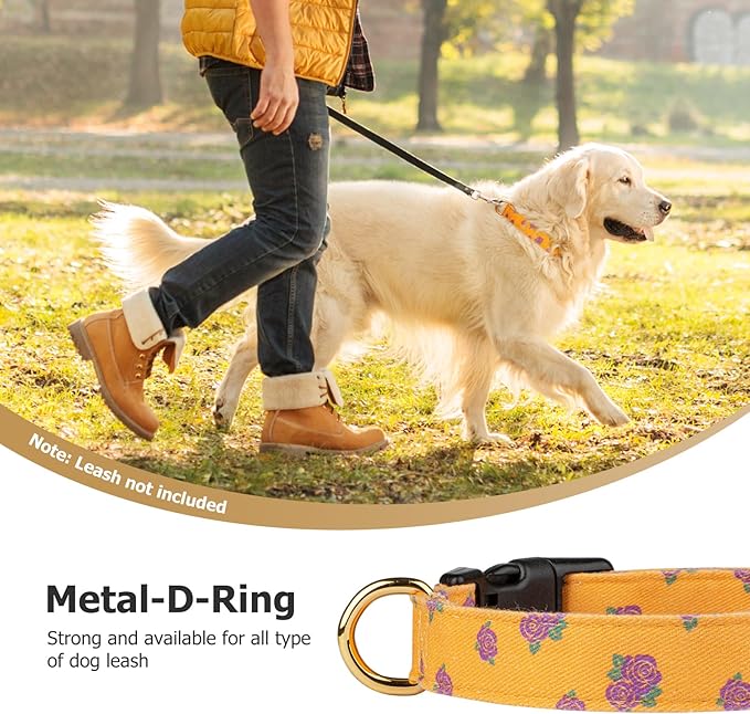 Cotton Handmade Dog Collar Cute and Distinctive Patterns Yellow Rose with Pendant for Girl Boy Dogs Collars L