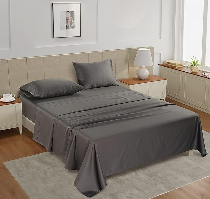 LANE LINEN Bed Sheets Full Size – 450 Thread Count 100% Long Staple Cotton Sheets Full Size, Soft & Fade-Resistant Sateen Weave, 15” Deep Pocket Fully Elasticized Fitted Sheet, Charcoal