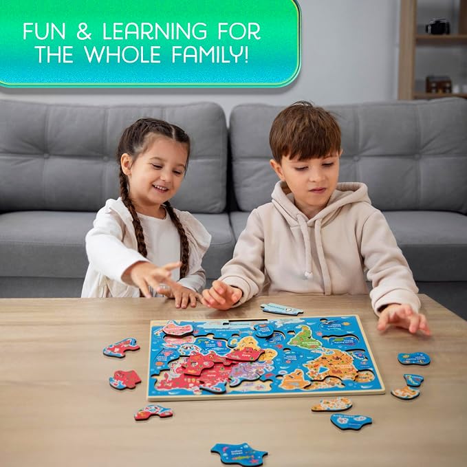 Montessori Mama World Map Wooden Puzzle, Continents and Oceans Puzzles for Kids Ages 4-6. Perfect Educational Toys for 4 Year Old Including Global Landmarks, Animals and Marine Life