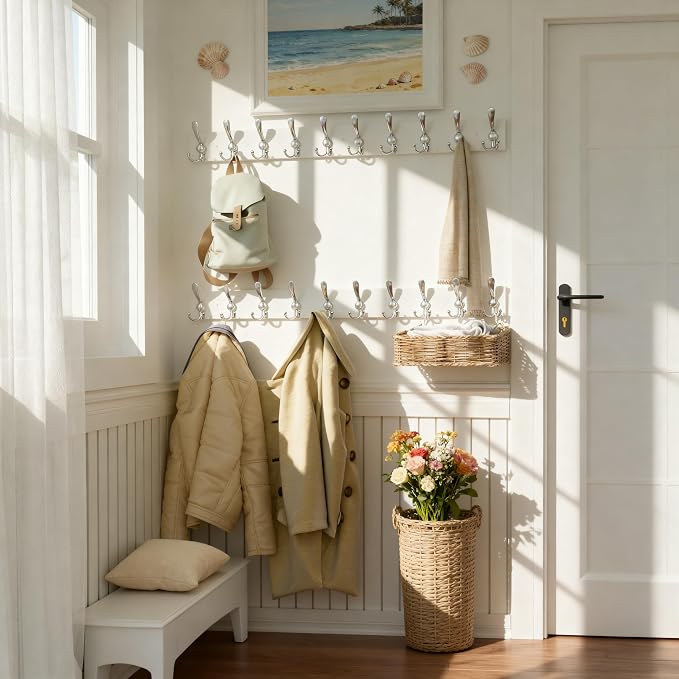 SKOLOO Creations White Solid Wood Wall Mounted Coat Rack, 10 Hooks, 38-1/8" Long