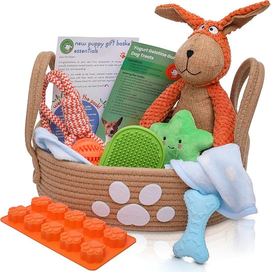 Premium Puppy Starter Kit - New Puppy Gift Basket with Essentials, Toy Box, Treat Tray, Training Supplies, Chew & Squeaky Toys for Puppies and Small Dogs - Complete Dog Must Haves for New Dog Owners