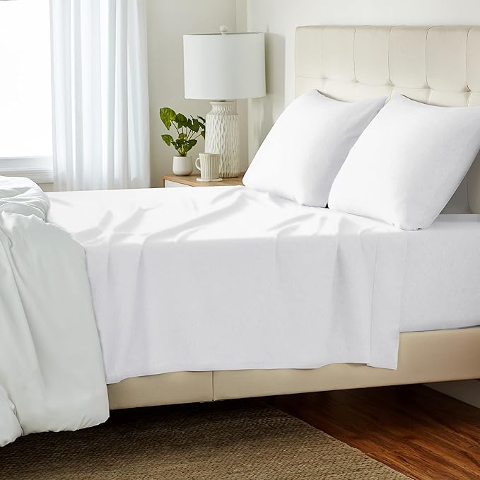Amazon Basics 4 Piece Comfortable Cotton Jersey Bed Sheet Set, Includes Soft Flat and Fitted Sheets, Pillowcase, Queen, White, Solid