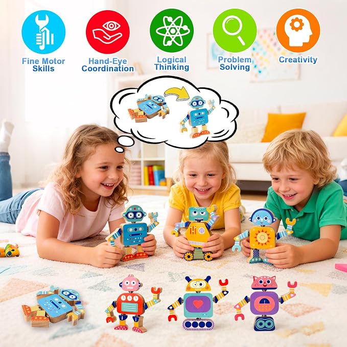 33-Piece Wooden Snap-Together Take-Apart Robot Building Blocks for Kids 3-6 | Mix-and-match heads, bodies, arms and legs for varied creations, fine motor practice, problem-solving and open-ended play
