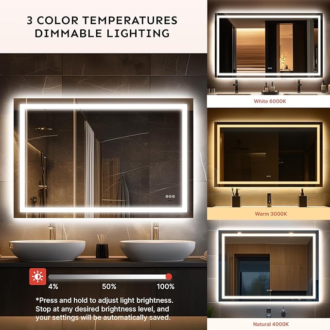 36x24 LED Bathroom Mirror with Lights – Anti-Fog, Dimmable, Backlit & Front Lit Lighted Vanity Mirror for Wall – Smart Bathroom Mirror with Memory Function, Shatterproof Tempered Glass