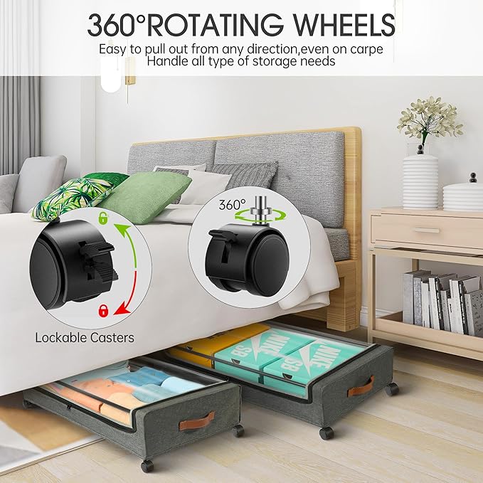 Rolling Under Bed Storage with Wheels, 2 Pack – Grey
