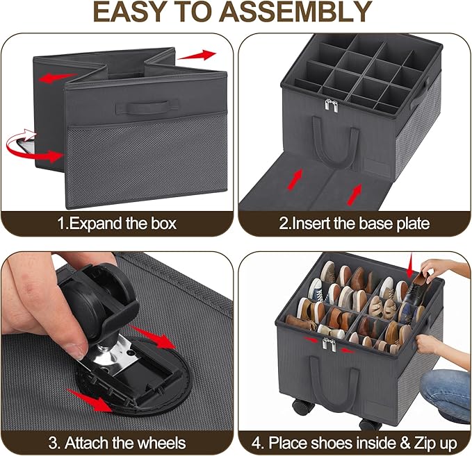 2 Pack Large Shoe Organizer for Closet, Adjustable Dividers Shoe Storage Box Bins with Wheels Clear Cover Reinforced Handle Side Pocket Fits up to 32 Pairs, Foldable Shoe Organizer for Entryway Grey