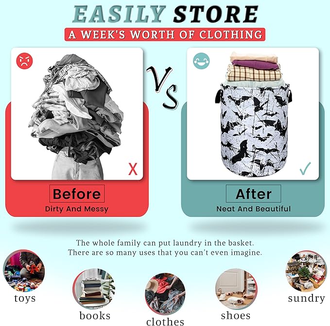 Black White Bats Laundry Basket Foldable With Handles Universal Tote Bag Oxford Cloth Funny Laundry Hamper 18.9" x 16.5" Clothes Storage Bucket Toy Organizer For Bathroom/Laundry/Bedroom