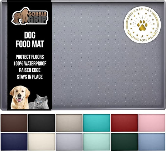 GORILLA GRIP 100% Waterproof Raised Edge BPA Free Silicone Pet Feeding Mat, Dog Cat Food Mats Contain Spills Protects Floors, Placemats for Cats and Dogs Water Bowl, Pets Accessories 32x24 Gray