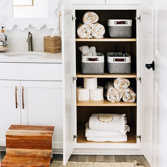 OrganiHaus Small Fabric Storage Baskets for Shelves 3 Pack, 12x08in Closet Storage Bins for Shelves, Canvas Baskets for Organizing, Linen Closet Organizers, Cloth Basket, Gray/Off-White