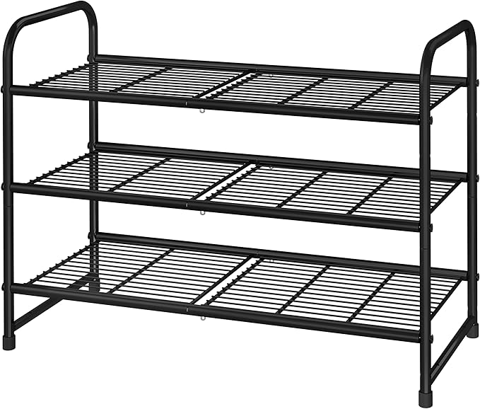 Simple Trending 3-Tier Stackable Shoe Rack, Expandable & Adjustable Shoe Shelf Storage Organizer, Wire Grid, Black