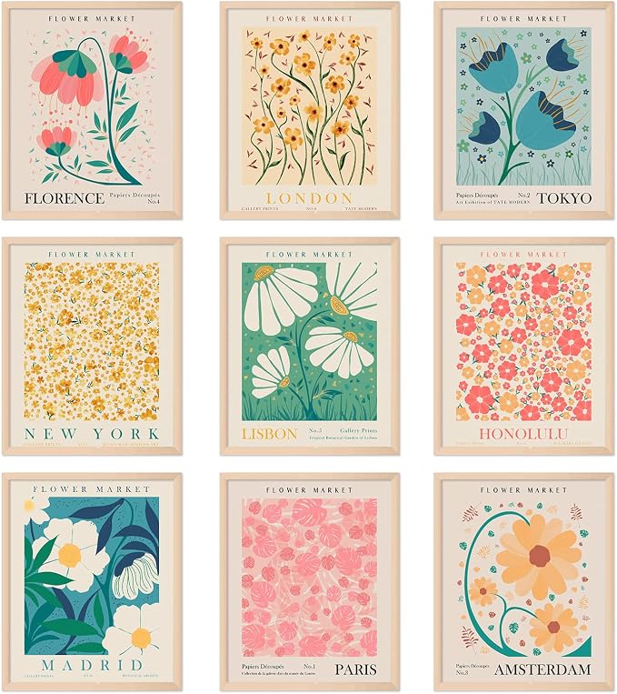 AnyDesign 9 Pcs Flower Market Decoration Matisse Wall Art Prints Floral Poster