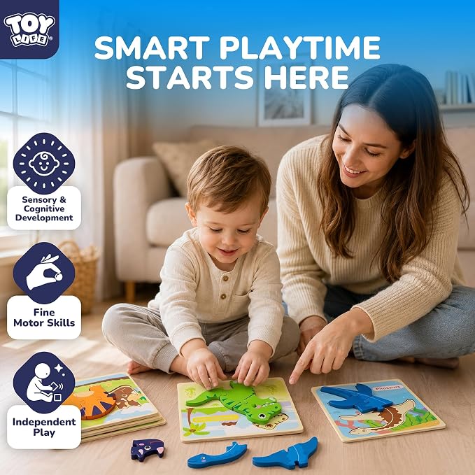 TOY Life Toddler Puzzles Ages 2-4, Wooden Puzzles for Toddlers 1-3, 7 Pcs Dinosaur Puzzle 2 Year Old, Puzzles for Kids Ages 3-5, Toddler Boy Toys 2-3, Educational Learning Toys for 3 Year Old