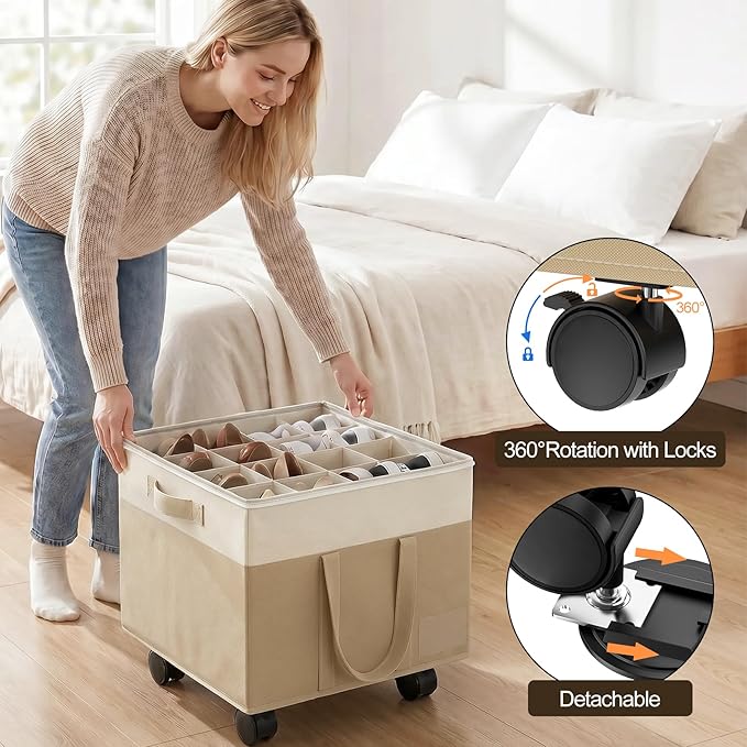 Large Shoe Organizer for Closet, Adjustable Dividers Shoe Storage Box Bins with Wheels Clear Cover Reinforced Handle Side Pocket Fits up to 16 Pairs, Foldable Shoe Organizer for Entryway Beige