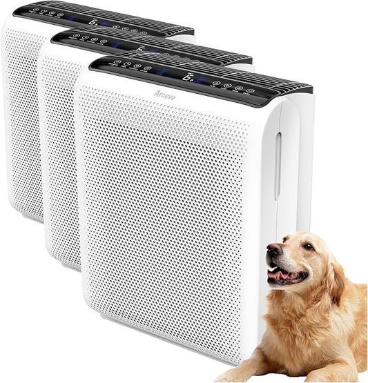 AROEVE Air Purifier for Large Rooms up to 1504 Ft² - 5 Layer Filter System for Smoke, Pollen, Allergies & Pet Dander, Features Air Monitor, Sleep Mode & Timer, MK07 White (Pack of 3)