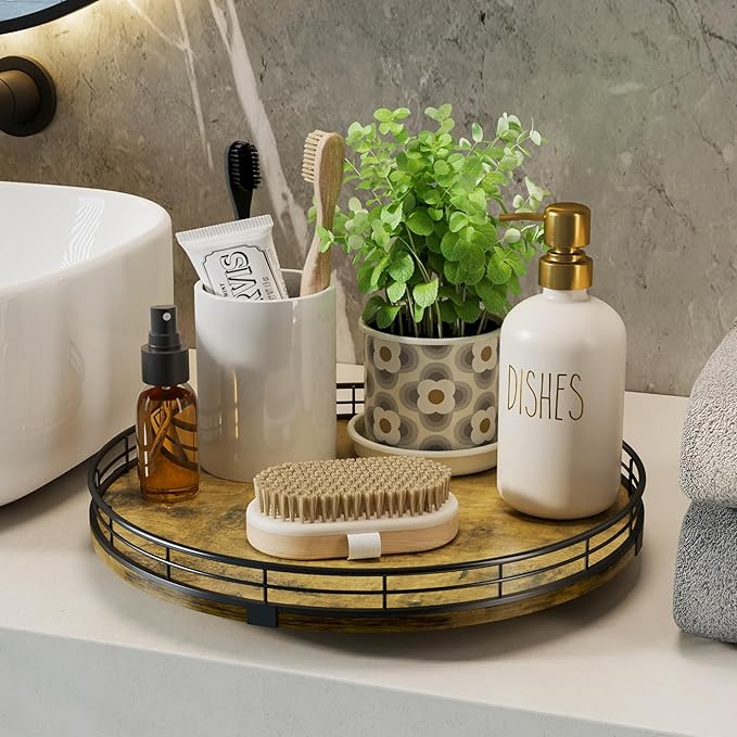 Lazy Susan Turntable Organizer for Table Top, 12’’ Round Wooden Lazy Susan for Cabinet Kitchen Countertop Pantry Dining Coffee Table for Condiments Spices, Rustic Bathroom Vanity Tray for Soap Candle
