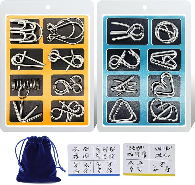 Metal Wire Puzzle 16-Piece Set with Pouch – IQ Test Brain Teaser Disentanglement Chinese Ring Fidget Toy for Kids & Adults – Portable Party Favor