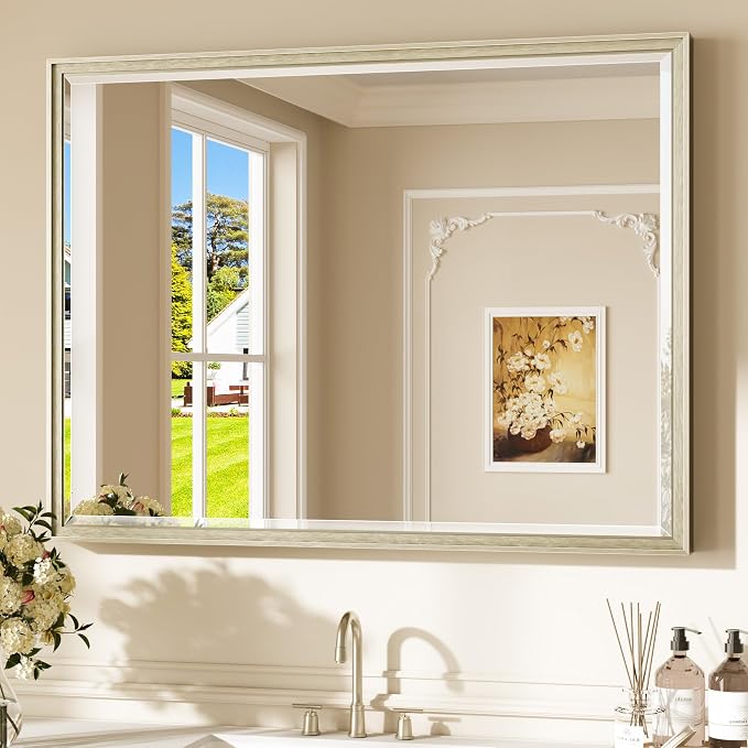Keonjinn 40" x 30" Brushed Nickel Bathroom Vanity Mirror, Beveled Tempered Glass