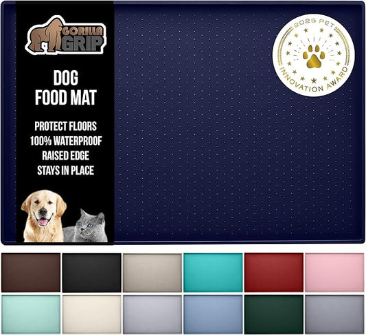 GORILLA GRIP 100% Waterproof Raised Edge BPA Free Silicone Pet Feeding Mat, Dog Cat Food Mats Contain Spills Protects Floors, Placemats for Cats and Dogs Water Bowl, Pets Accessories 18.5x11.5 Navy