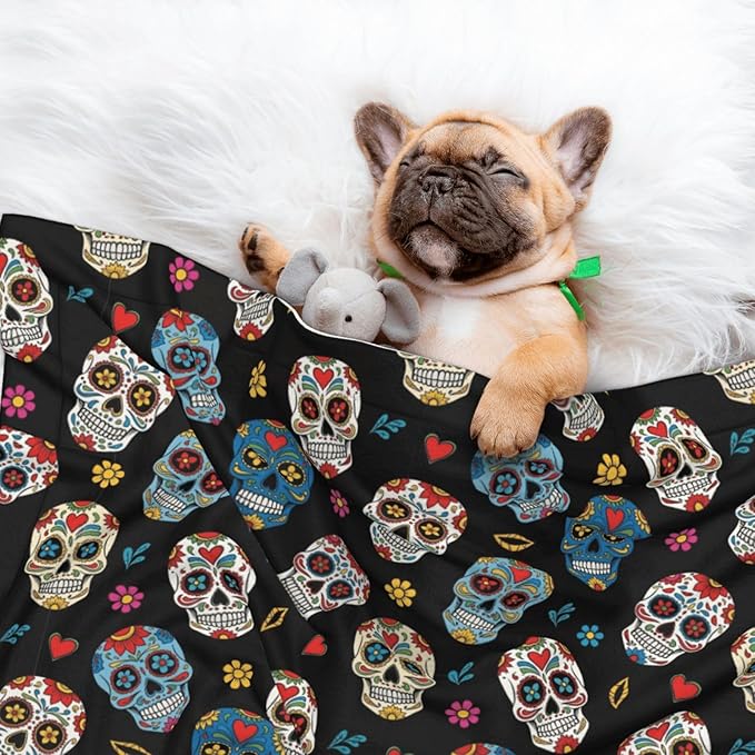 Double Sided Pet Mat for Dog Bed Topper Cat Blanket Furniture Protector, Day of The Dead Sugar Skull, Reversible Plush with Tactile Dot Pattern for Style Change